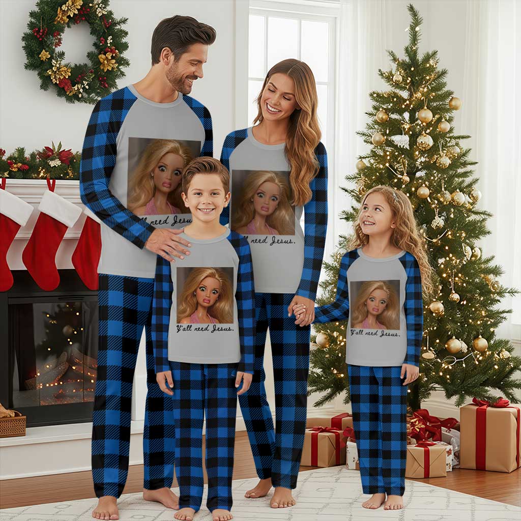 Ya'll Need Jesus Disgusted Face Christian Funny Plaid Pajama Set TS14 Blue Plaid Print Your Wear