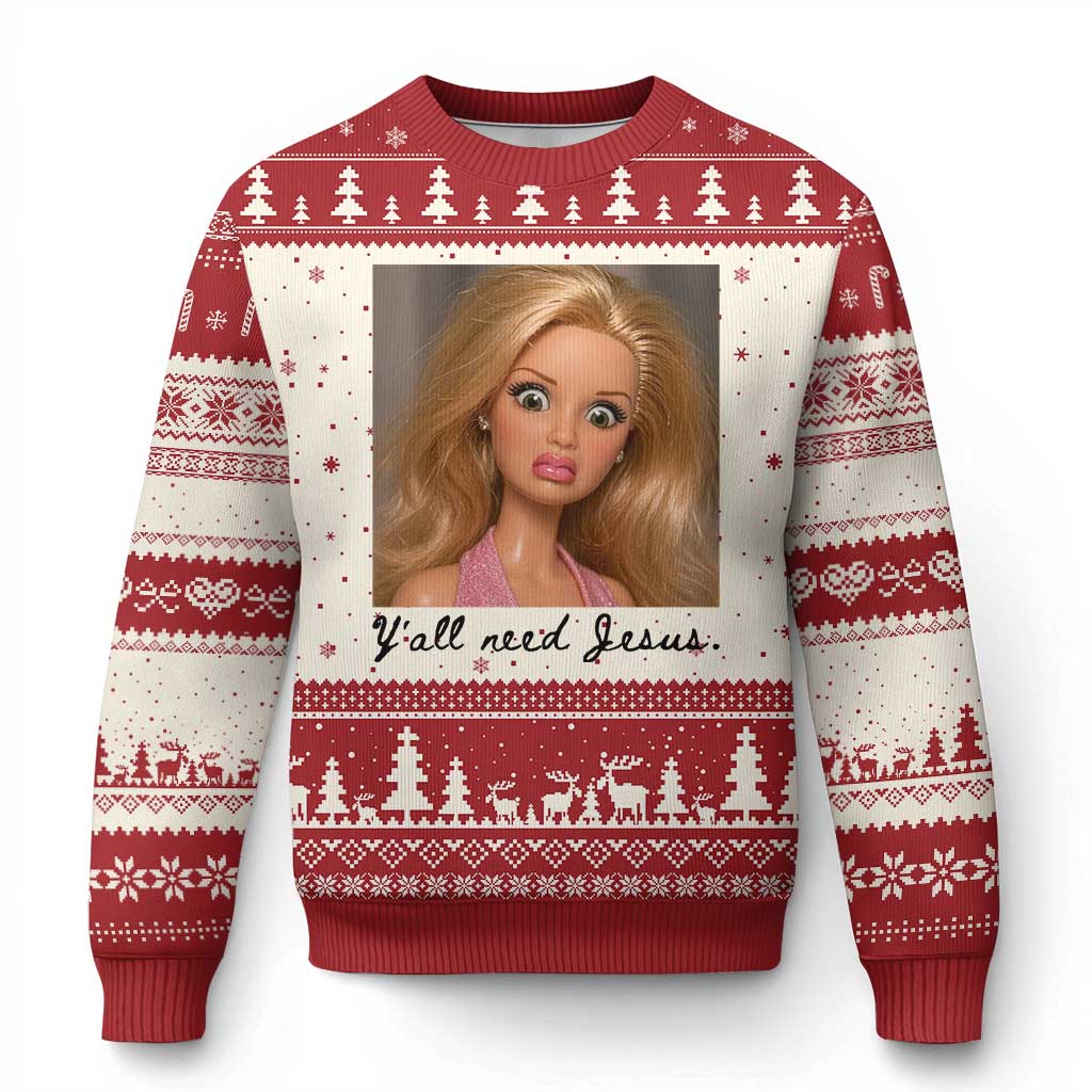 Ya'll Need Jesus Disgusted Face Christian Funny Ugly Christmas Sweater TS14 Beige Red Print Your Wear