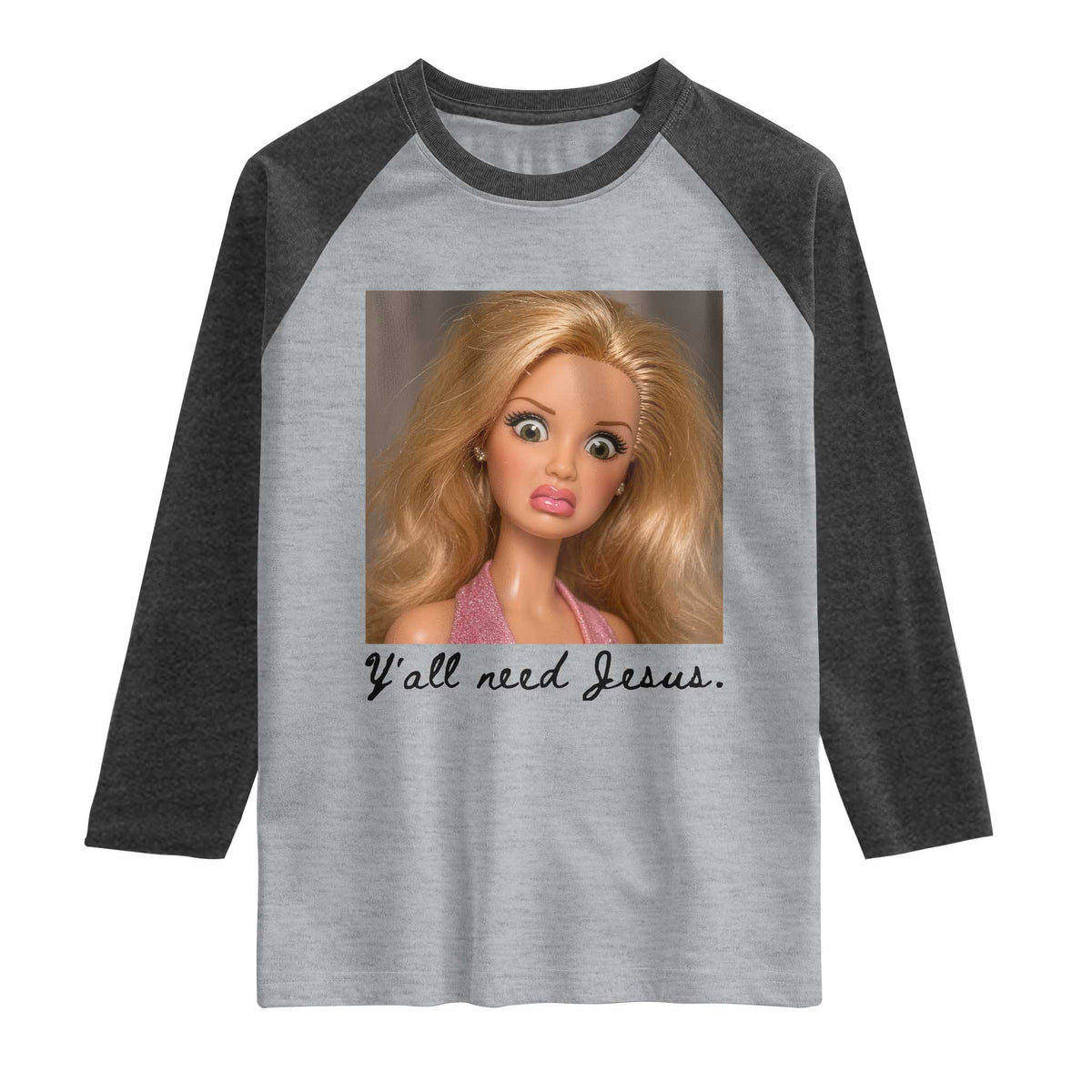 Ya'll Need Jesus Disgusted Face Christian Funny Raglan Shirt TS14 Heather Gray Heather Charcoal Print Your Wear
