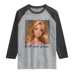 Ya'll Need Jesus Disgusted Face Christian Funny Raglan Shirt TS14 Heather Gray Heather Charcoal Print Your Wear