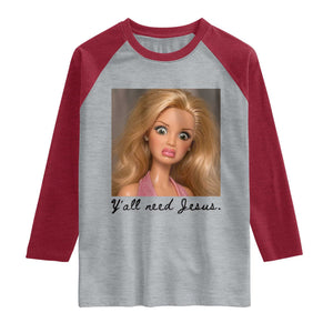 Ya'll Need Jesus Disgusted Face Christian Funny Raglan Shirt TS14 Heather Gray Heather Red Print Your Wear