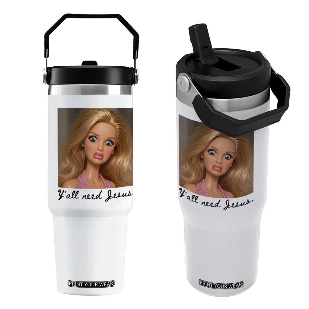 Ya'll Need Jesus Disgusted Face Christian Funny Flip Straw Tumbler TS14 One Size: 30 oz White Print Your Wear