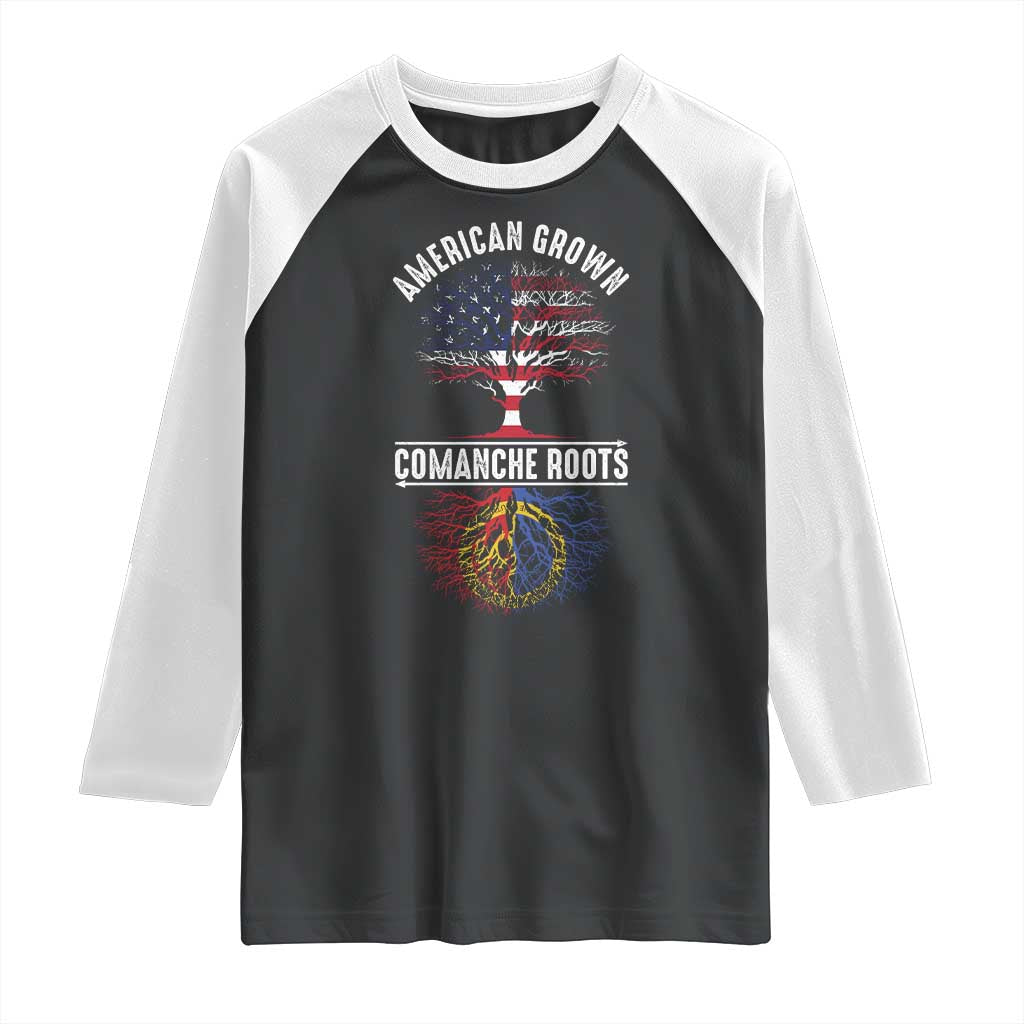 Distressed Tree Raglan Shirt American Grown with Comanche Roots TS14 Black White Print Your Wear