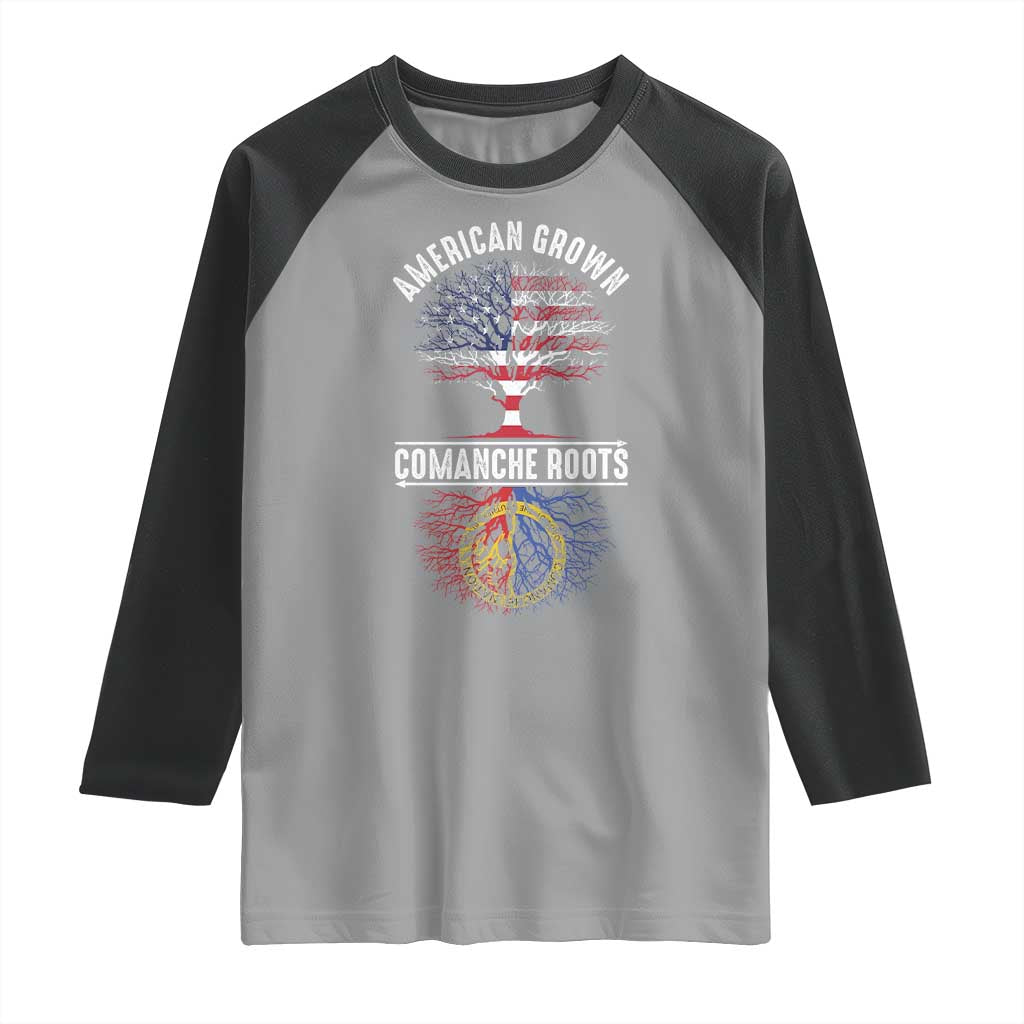 Distressed Tree Raglan Shirt American Grown with Comanche Roots TS14 Sport Gray Black Print Your Wear