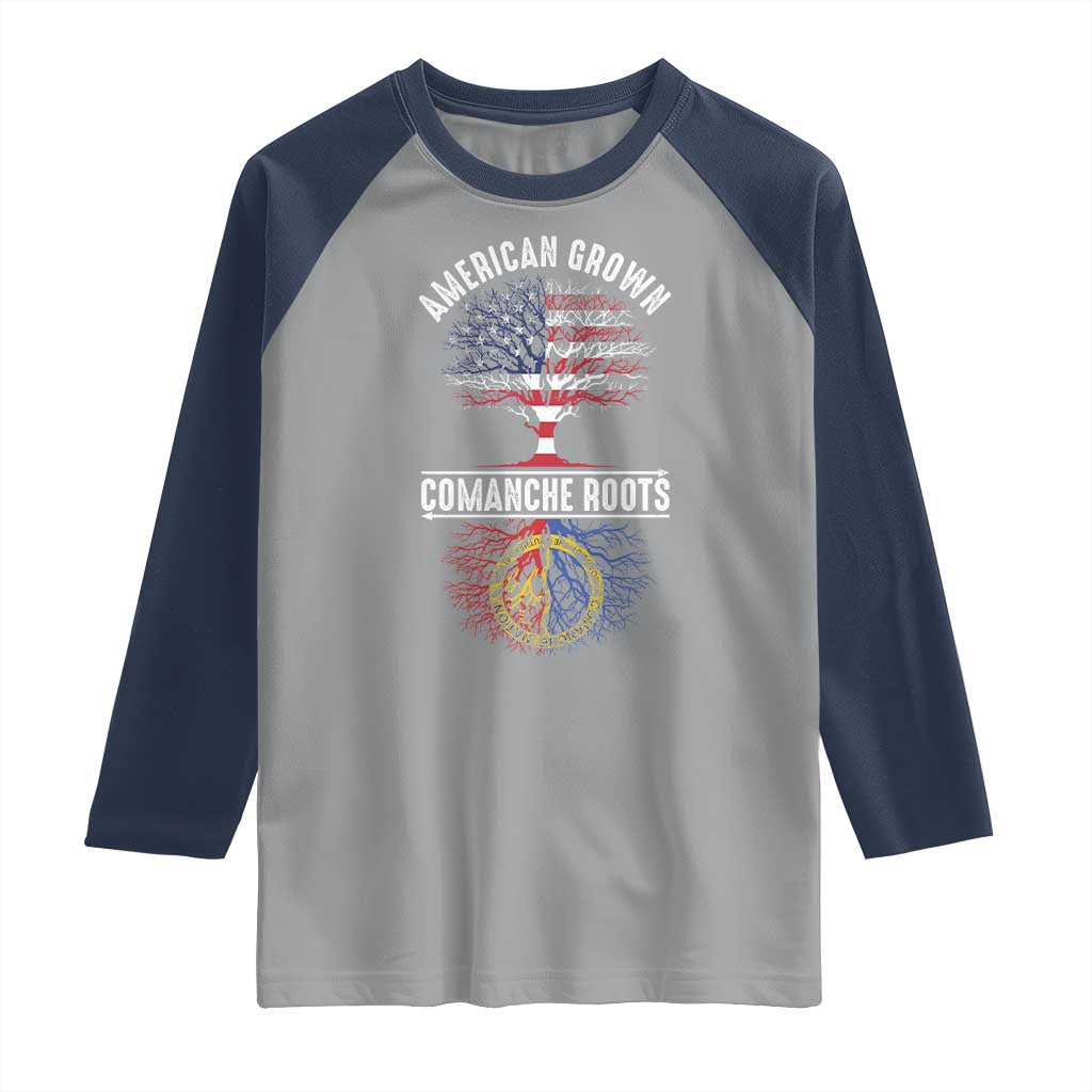 Distressed Tree Raglan Shirt American Grown with Comanche Roots TS14 Sport Gray Navy Print Your Wear