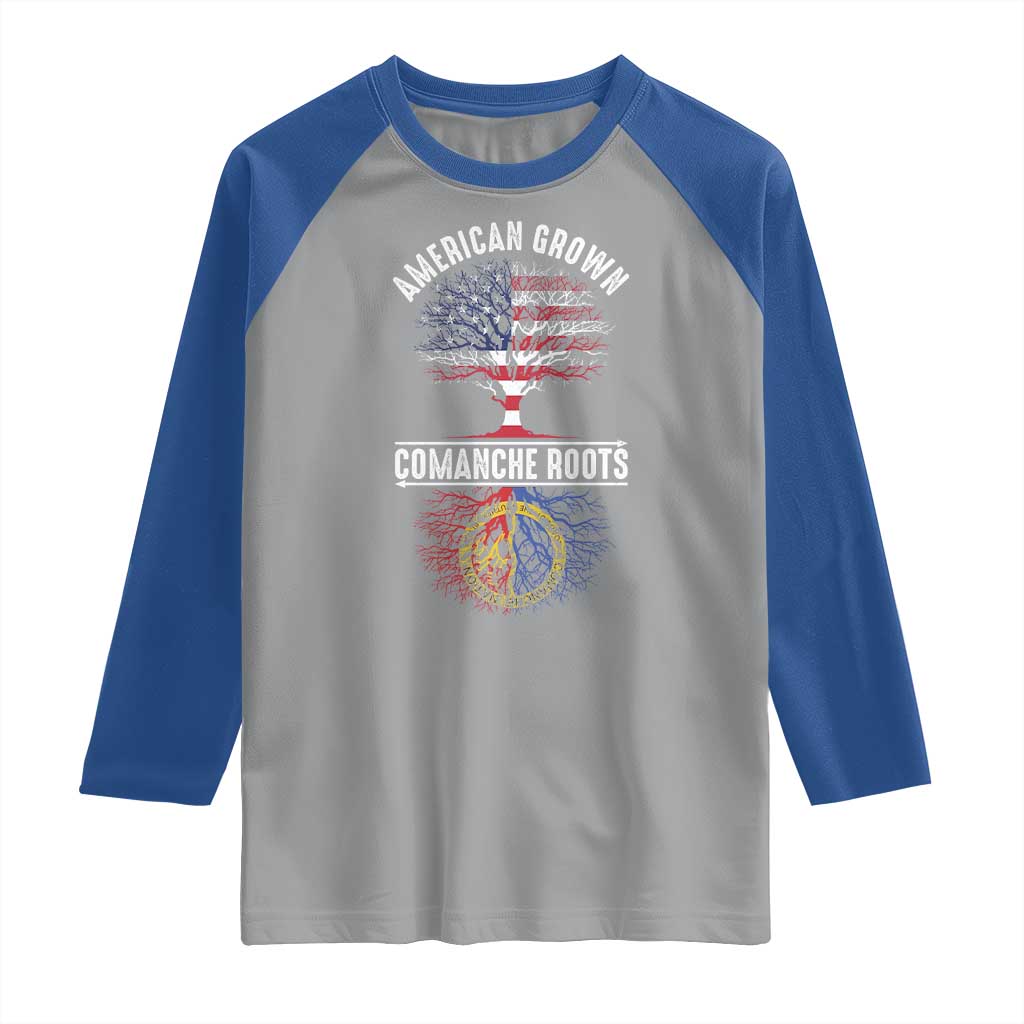 Distressed Tree Raglan Shirt American Grown with Comanche Roots TS14 Sport Gray Royal Print Your Wear