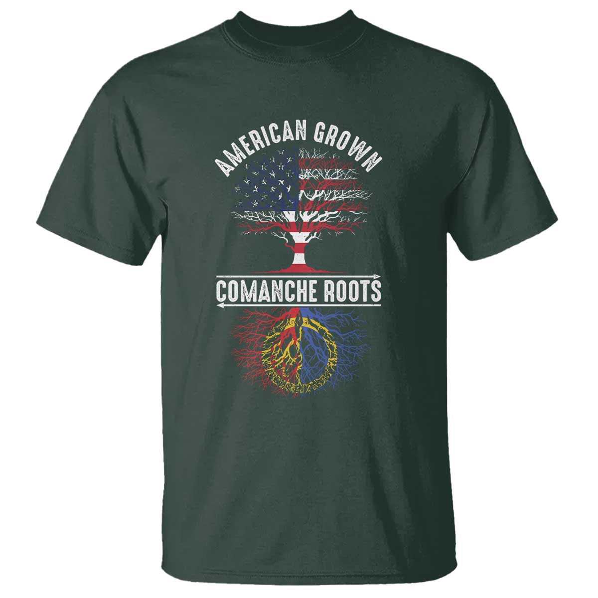Distressed Tree T Shirt American Grown with Comanche Roots TS14 Dark Forest Green Print Your Wear