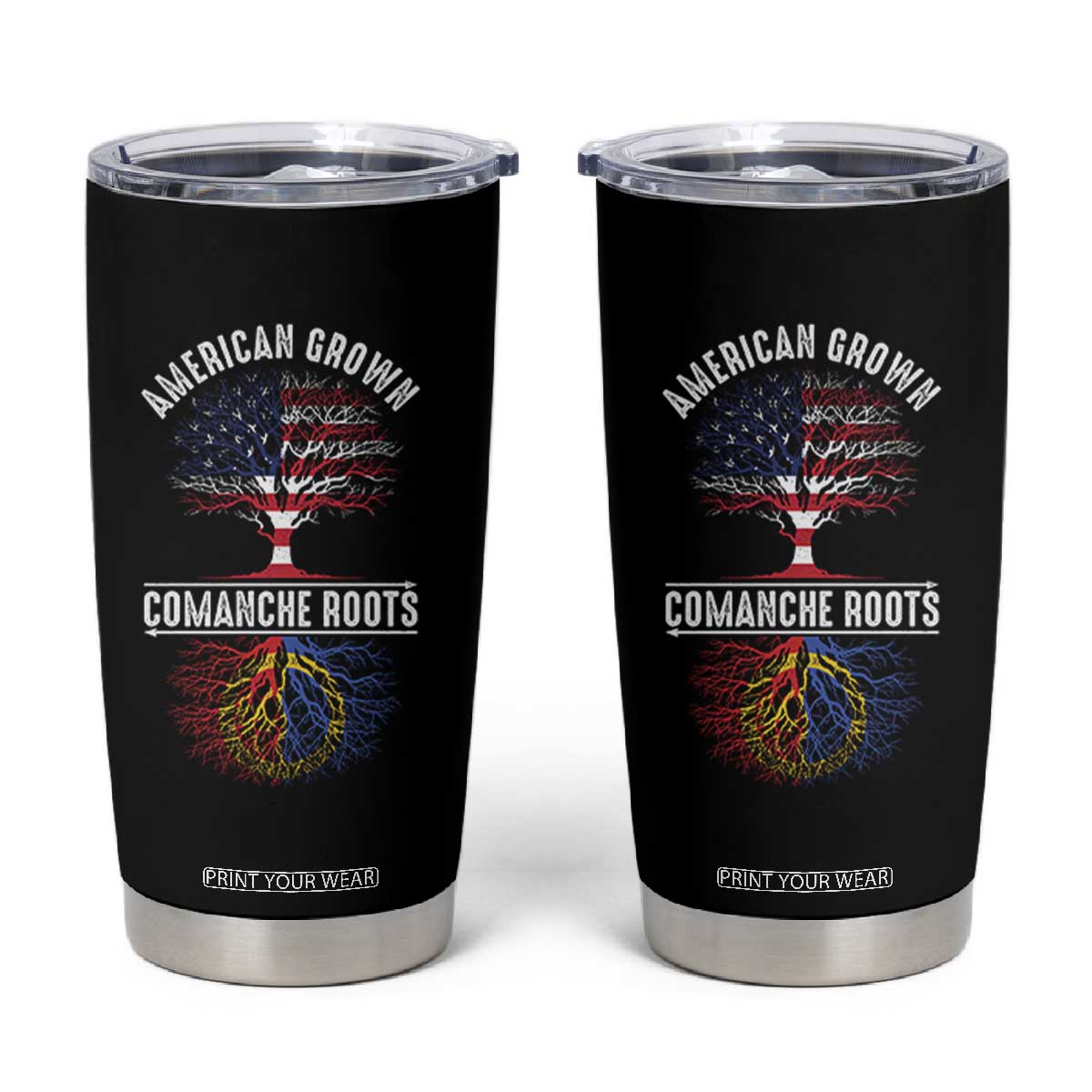 Distressed Tree Tumbler Cup American Grown with Comanche Roots TS14 Black Print Your Wear