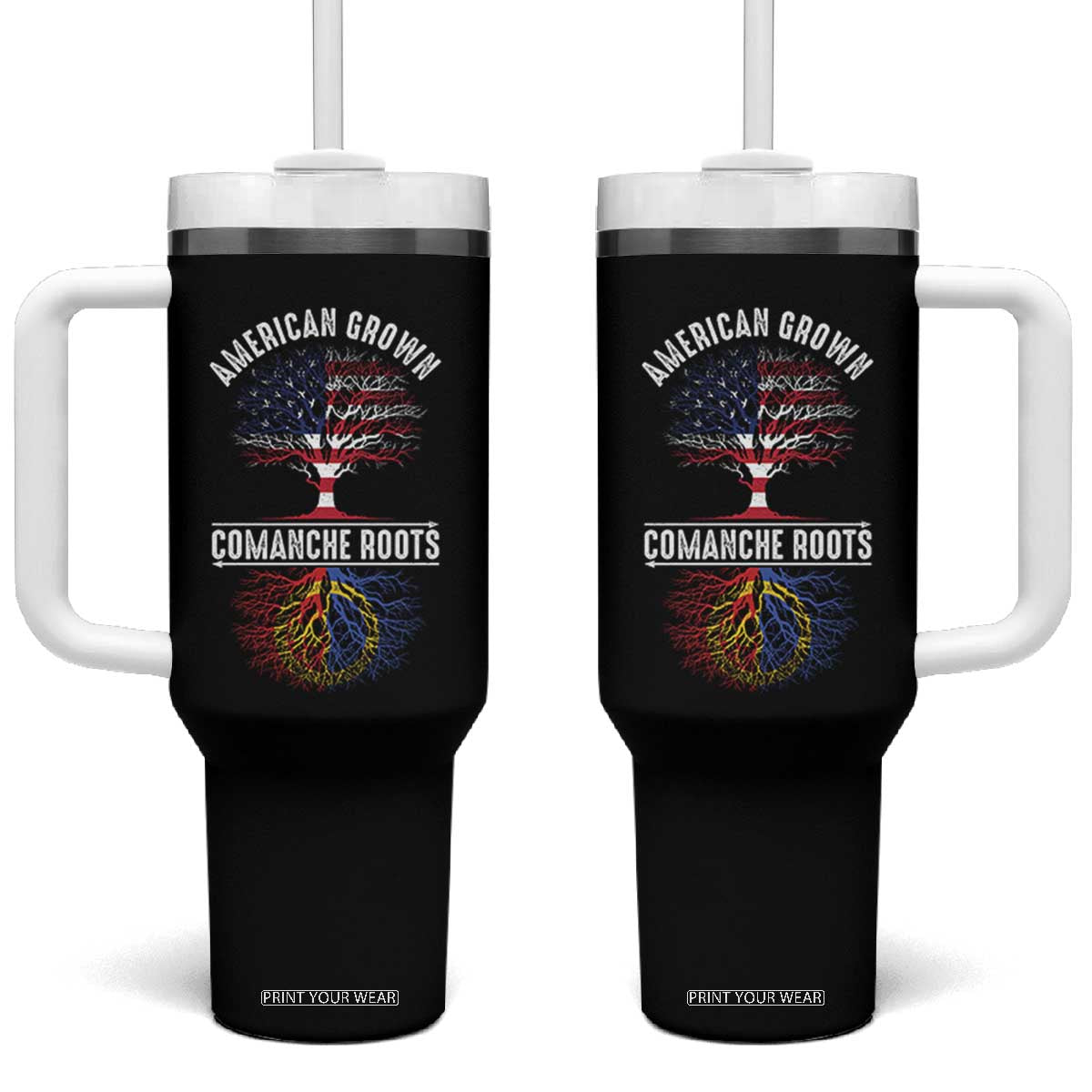 Distressed Tree Tumbler With Handle American Grown with Comanche Roots TS14 One Size: 40 oz Black Print Your Wear