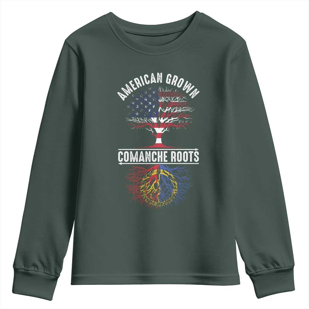 Distressed Tree Youth Sweatshirt American Grown with Comanche Roots TS14 Dark Forest Green Print Your Wear
