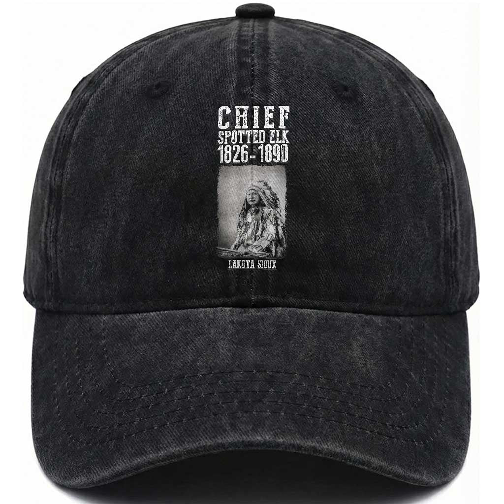 Native American Indian Chief Washed Cotton Baseball Cap Lakota Sioux Chief Spotted Elk TS14 Washed Cap Universal Fit Black Print Your Wear