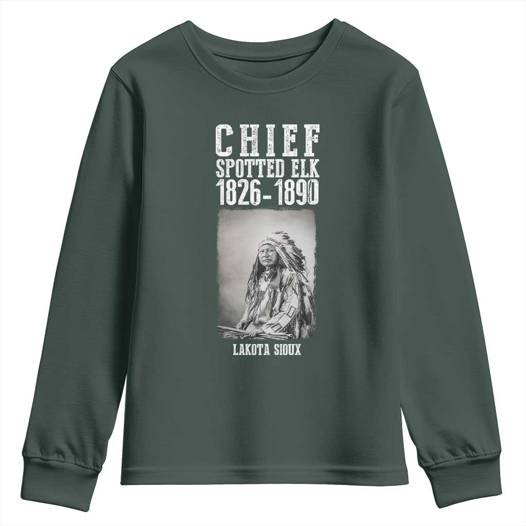 Native American Indian Chief Youth Sweatshirt Lakota Sioux Chief Spotted Elk TS14 Dark Forest Green Print Your Wear