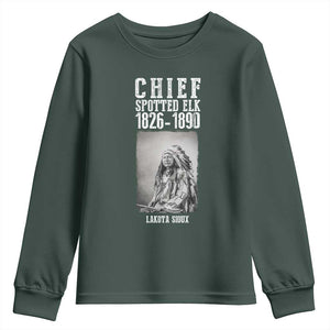 Native American Indian Chief Youth Sweatshirt Lakota Sioux Chief Spotted Elk TS14 Dark Forest Green Print Your Wear