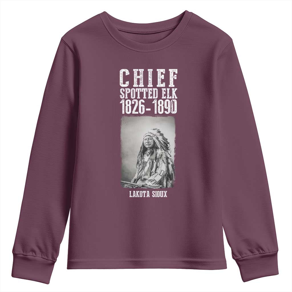 Native American Indian Chief Youth Sweatshirt Lakota Sioux Chief Spotted Elk TS14 Maroon Print Your Wear