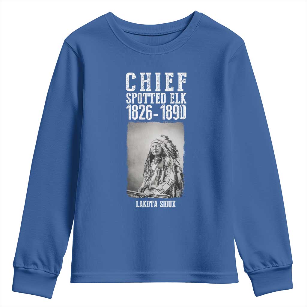 Native American Indian Chief Youth Sweatshirt Lakota Sioux Chief Spotted Elk TS14 Royal Blue Print Your Wear