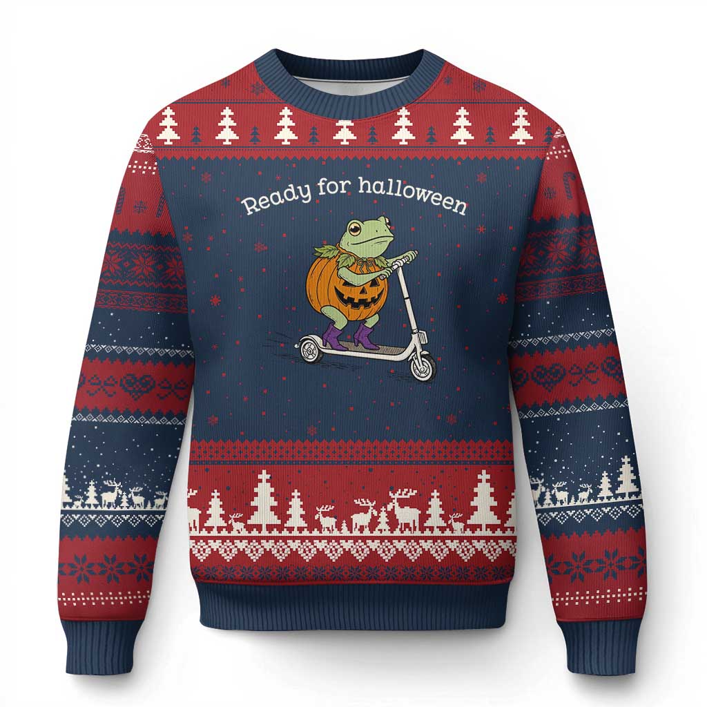 Ready For Halloween Frog Ugly Christmas Sweater Funny Frog Scooter Pumpkin Costume Gift TS14 Navy Red Print Your Wear