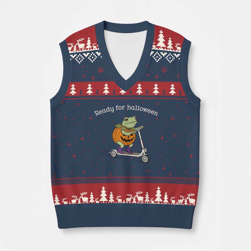 Ready For Halloween Frog V-Neck Knit Sweater Vest Funny Frog Scooter Pumpkin Costume Gift TS14 Navy Red Print Your Wear