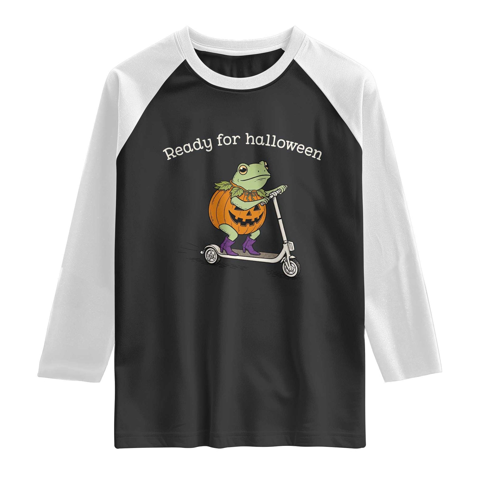 Ready For Halloween Frog Raglan Shirt Funny Frog Scooter Pumpkin Costume Gift TS14 Black White Print Your Wear