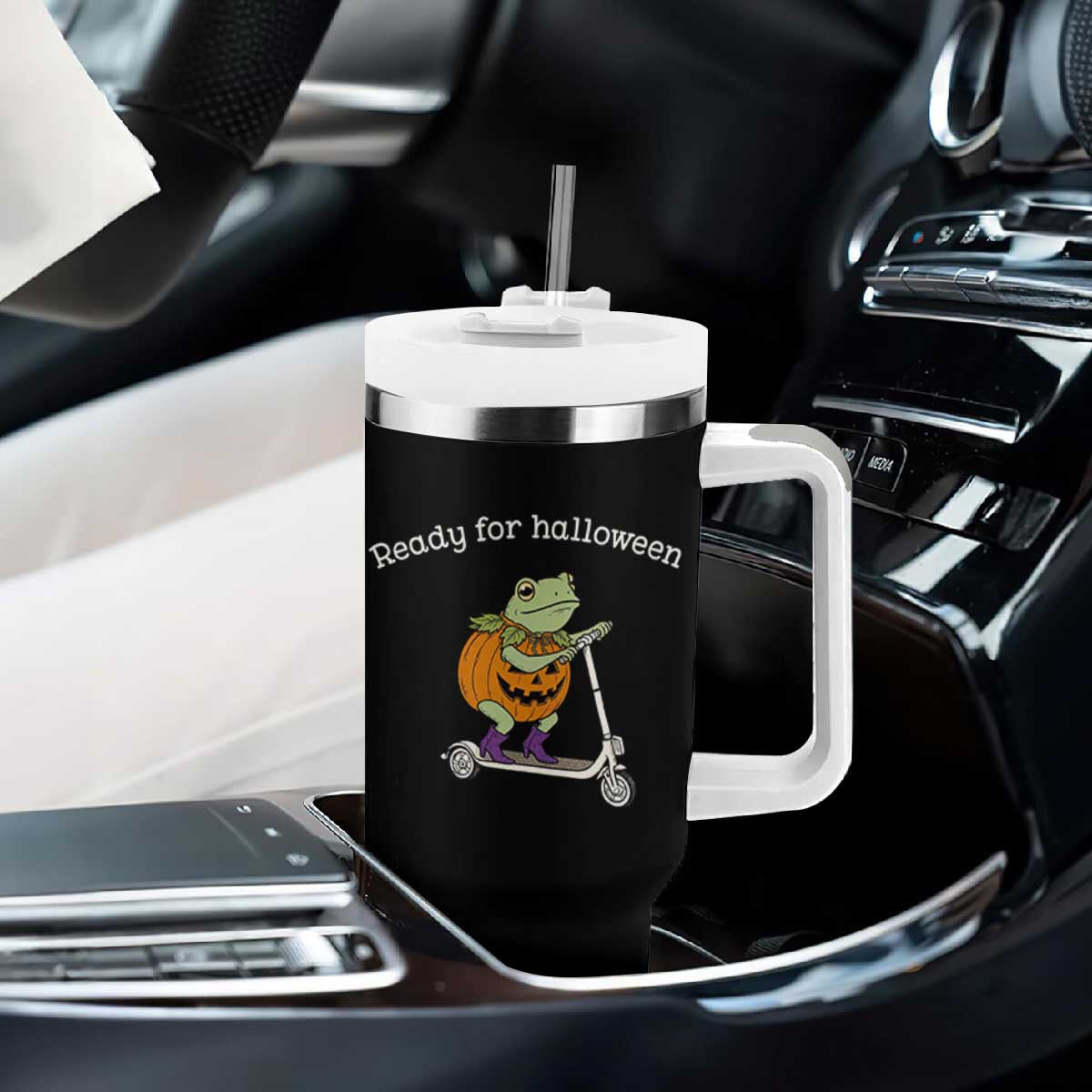 Ready For Halloween Frog Tumbler With Handle Funny Frog Scooter Pumpkin Costume Gift TS14 Print Your Wear