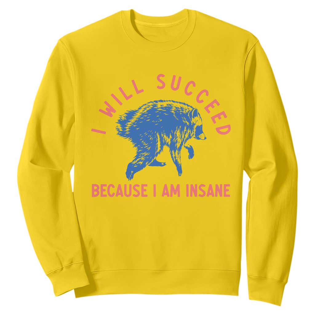 I Will Succeed Because I Am Insane Sweatshirt Funny Jimothy Raccoon Meme