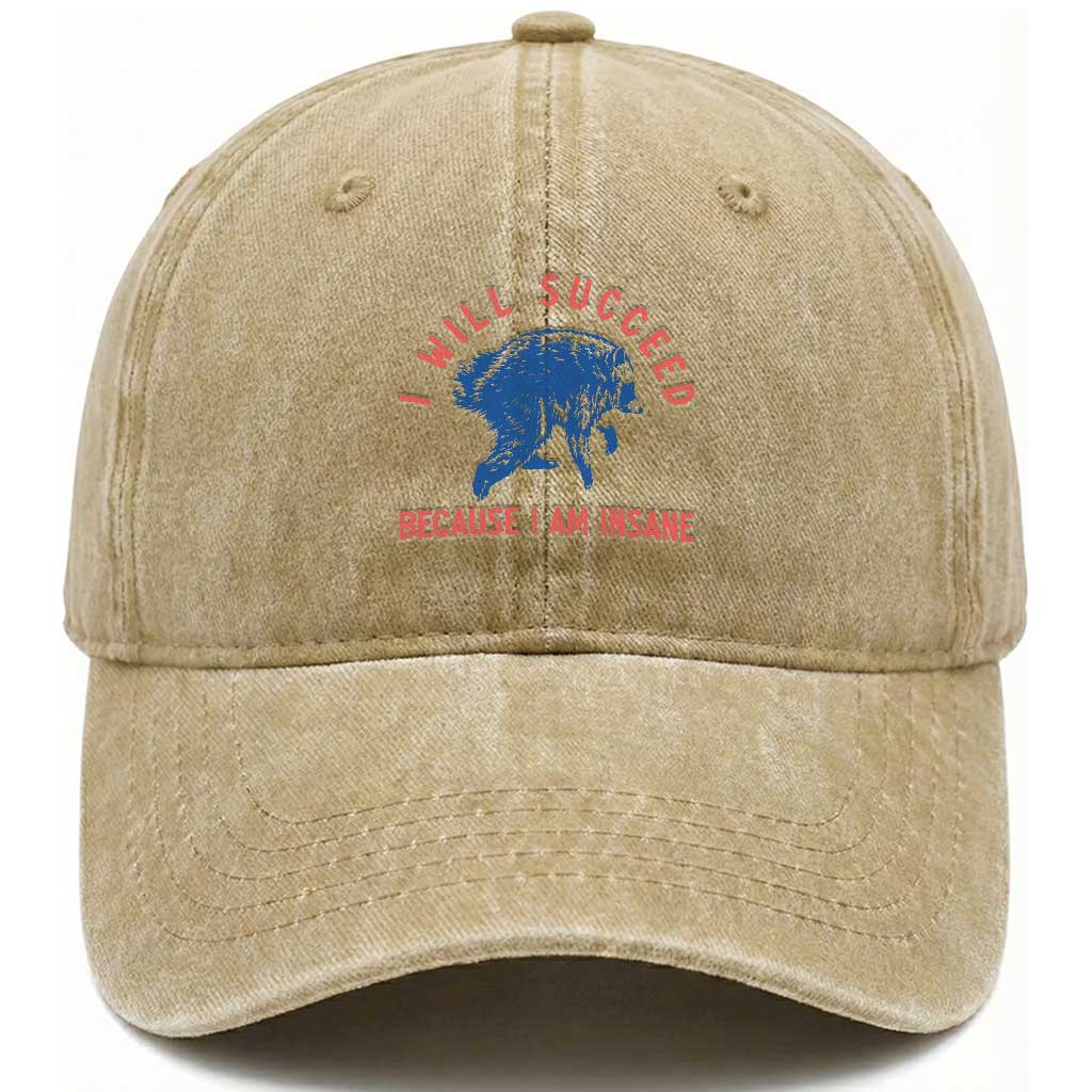 I Will Succeed Because I Am Insane Washed Cotton Baseball Cap Funny Jimothy Raccoon Meme TS14 Print Your Wear