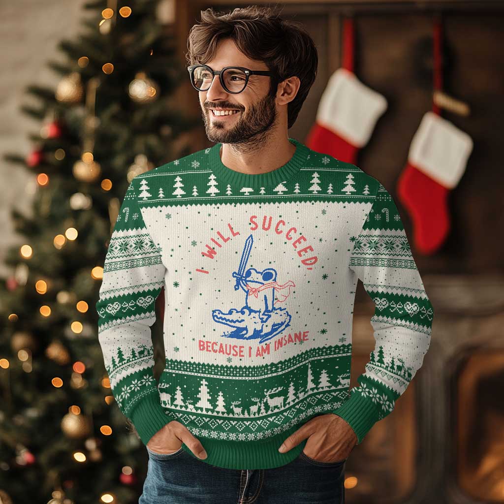 I Will Succeed Because I Am Insane Ugly Christmas Sweater Funny Frog Riding Crocodile Sarcastic Humor