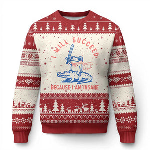 I Will Succeed Because I Am Insane Ugly Christmas Sweater Funny Frog Riding Crocodile Sarcastic Humor