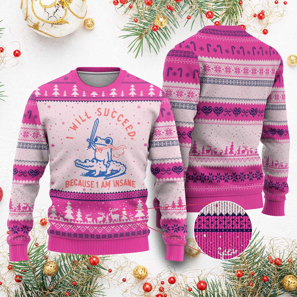 I Will Succeed Because I Am Insane Ugly Christmas Sweater Funny Frog Riding Crocodile Sarcastic Humor