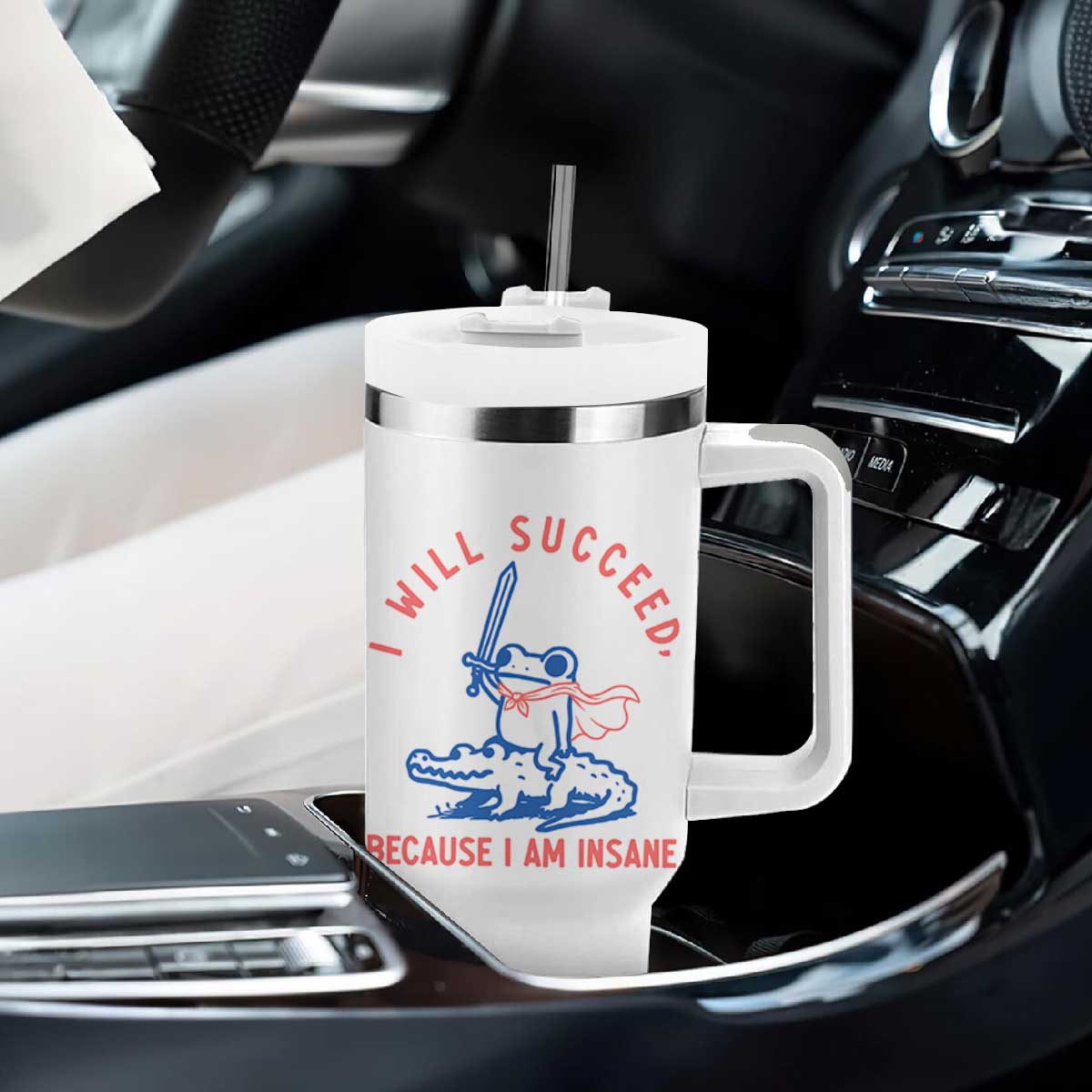 I Will Succeed Because I Am Insane Tumbler With Handle Funny Frog Riding Crocodile Sarcastic Humor
