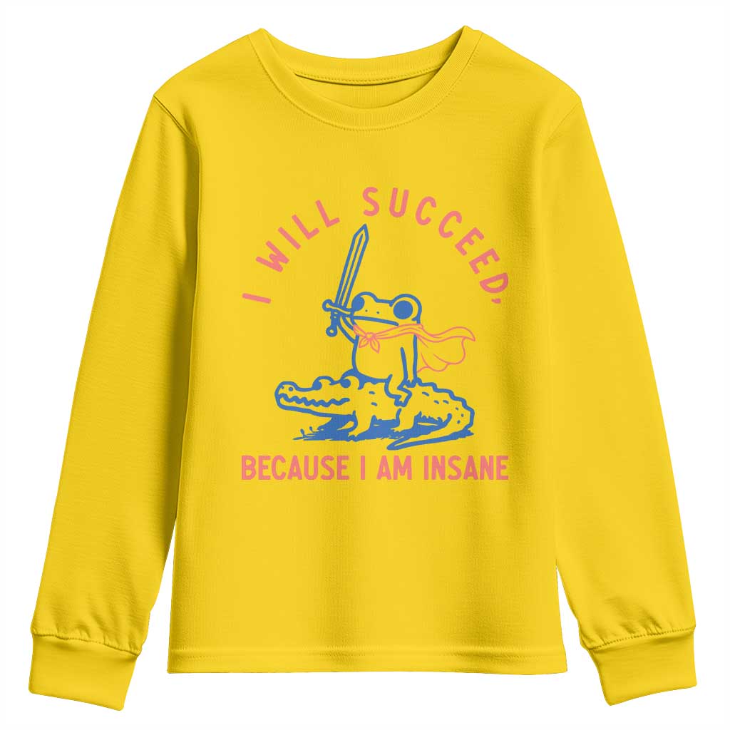 I Will Succeed Because I Am Insane Youth Sweatshirt Funny Frog Riding Crocodile Sarcastic Humor