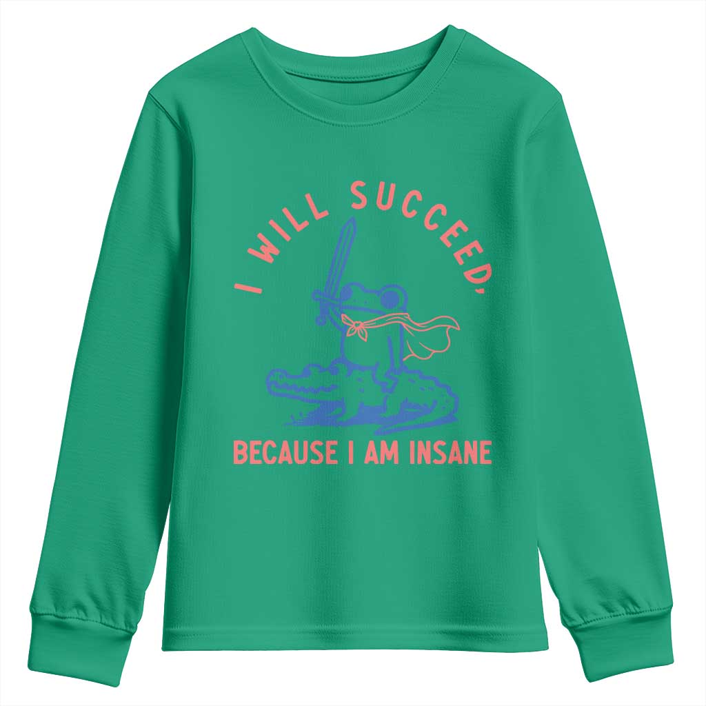 I Will Succeed Because I Am Insane Youth Sweatshirt Funny Frog Riding Crocodile Sarcastic Humor