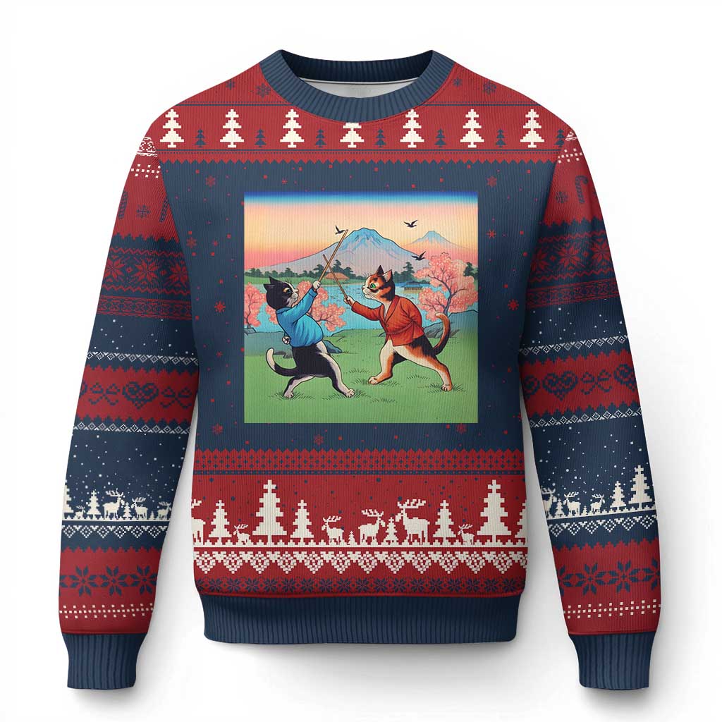 Funny Kendo Cat Ugly Christmas Sweater Samurai Martial Arts - Print Your Wear