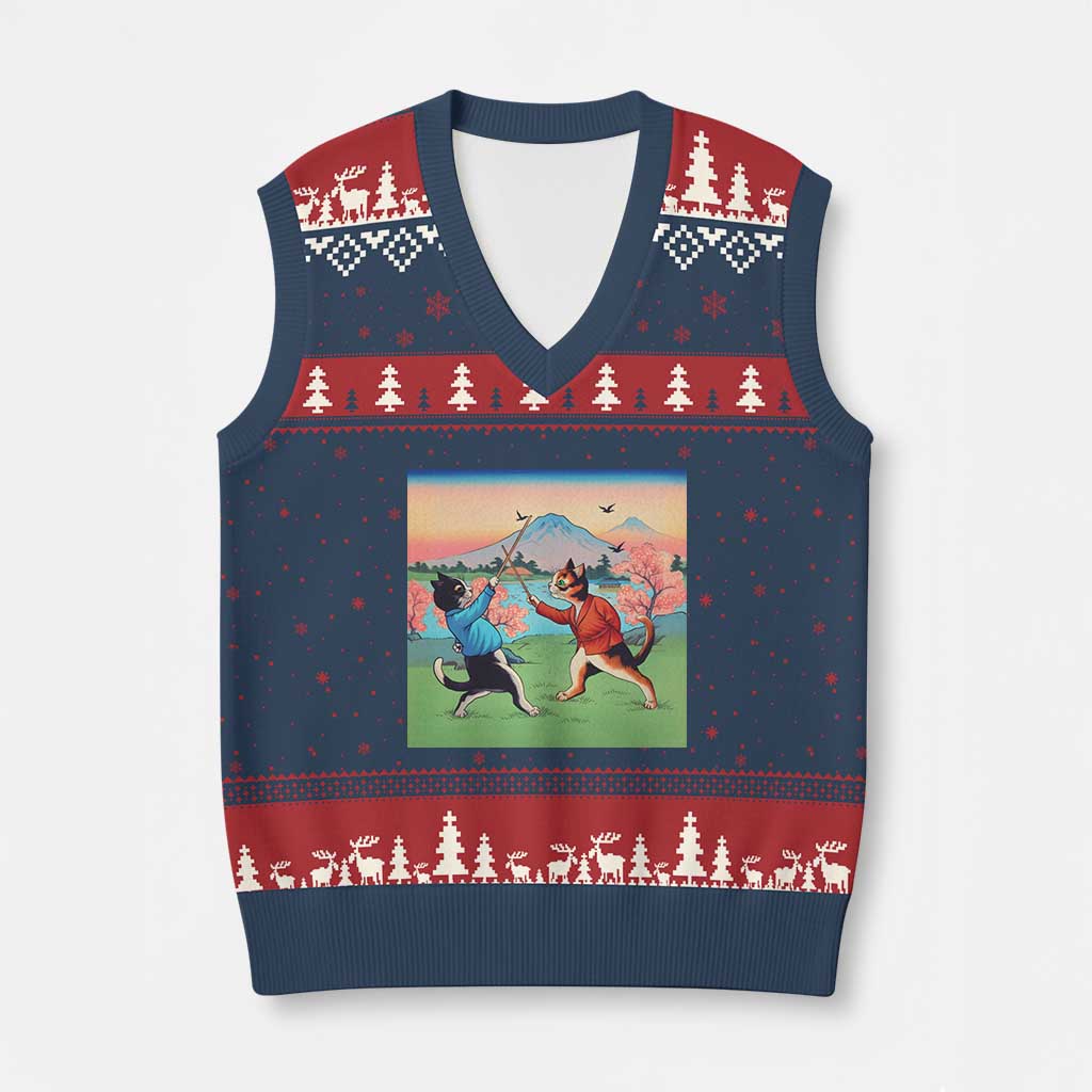 Funny Kendo Cat V-Neck Knit Sweater Vest Samurai Martial Arts TS14 Navy Red Print Your Wear