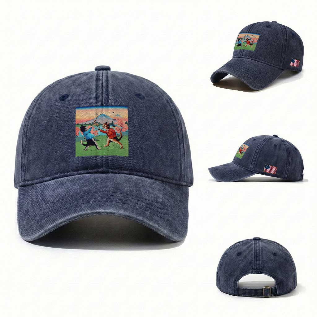 Funny Kendo Cat Washed Cotton Baseball Cap Samurai Martial Arts TS14 Washed Cap Universal Fit Navy Print Your Wear