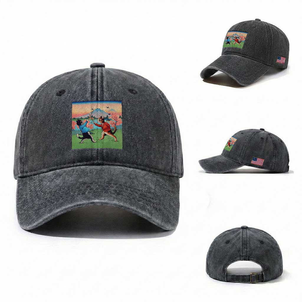 Funny Kendo Cat Washed Cotton Baseball Cap Samurai Martial Arts TS14 Washed Cap Universal Fit Dark Gray Print Your Wear