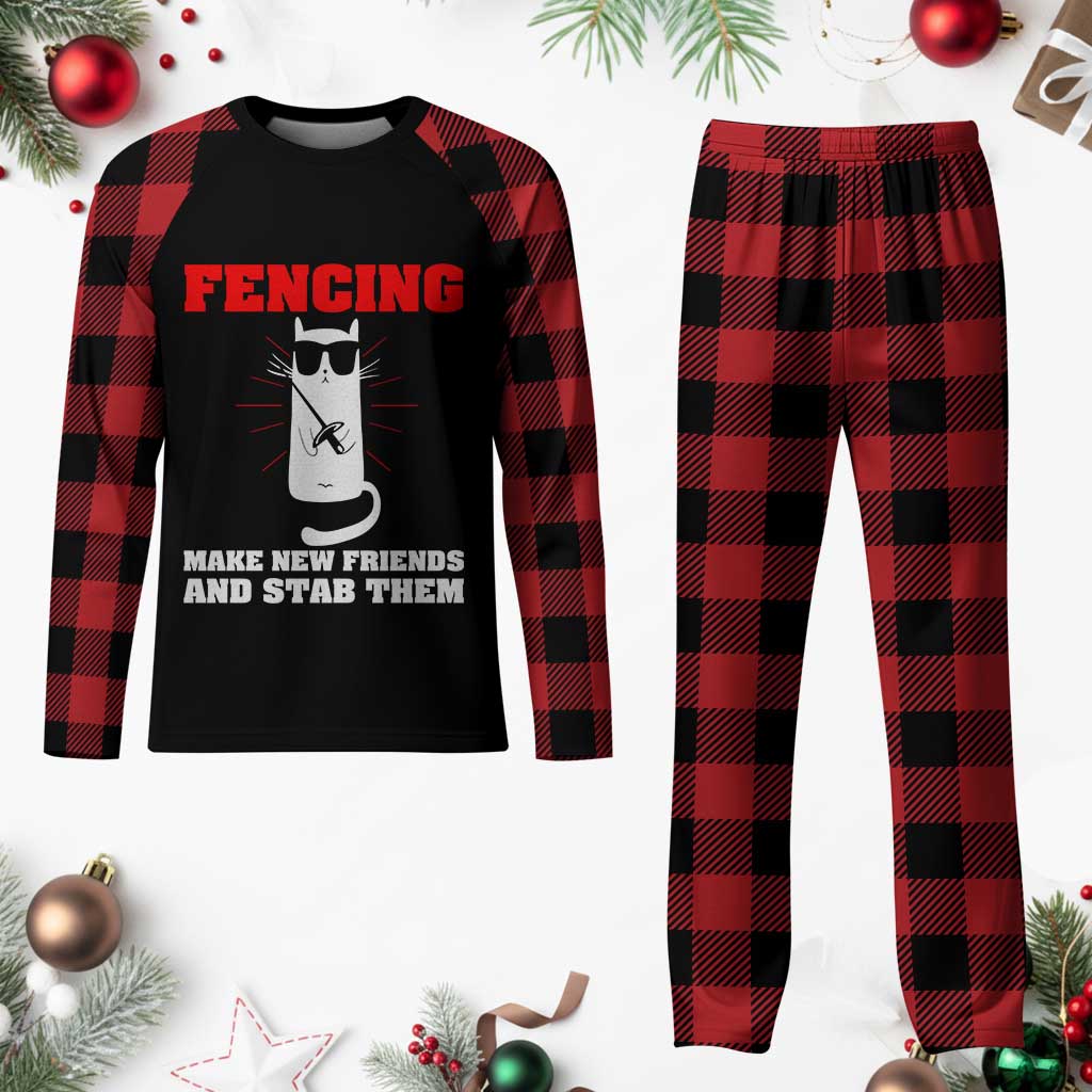 Funny Cat Fencing Plaid Pajama Set Make Me New Friends And Stab Them TS14 Buffalo Plaid Print Your Wear
