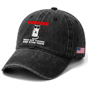 Funny Cat Fencing Washed Cotton Baseball Cap Make Me New Friends And Stab Them TS14 Print Your Wear
