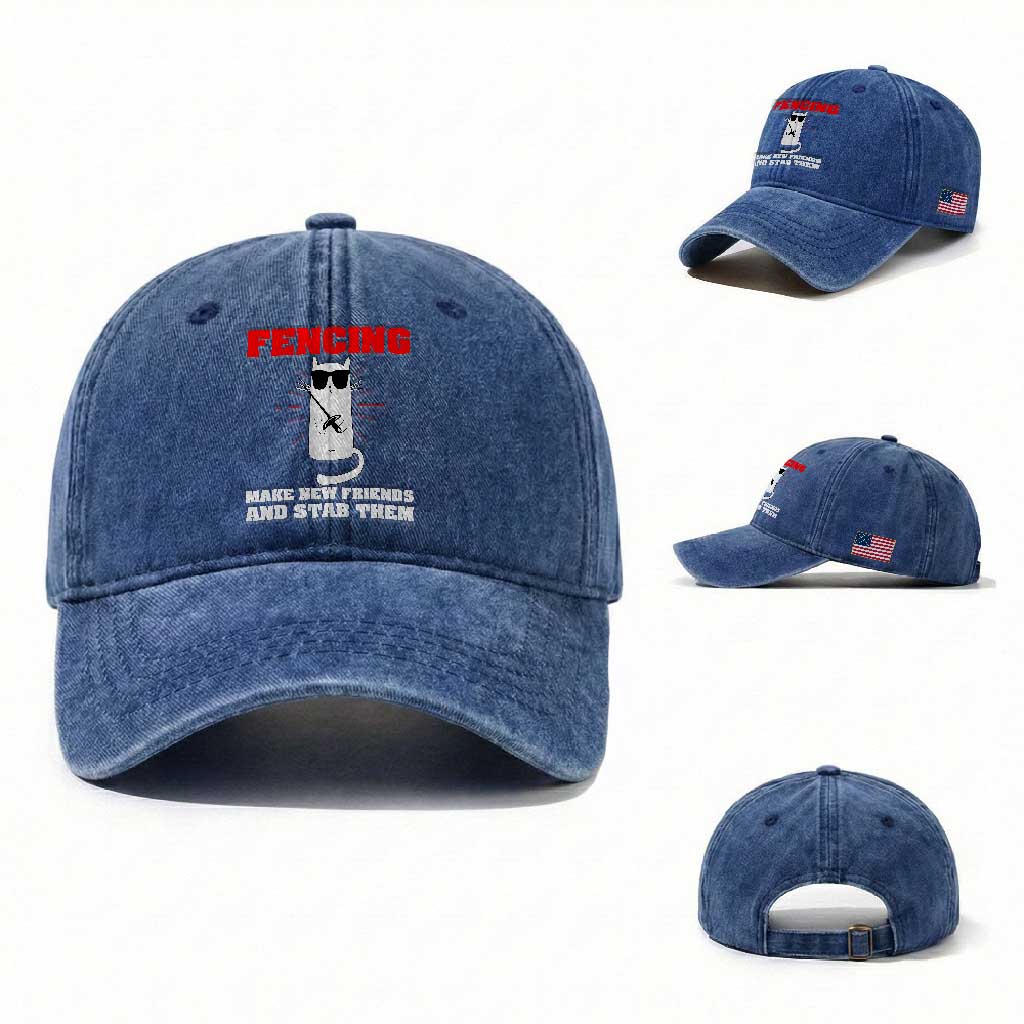 Funny Cat Fencing Washed Cotton Baseball Cap Make Me New Friends And Stab Them TS14 Washed Cap Universal Fit Royal Blue Print Your Wear
