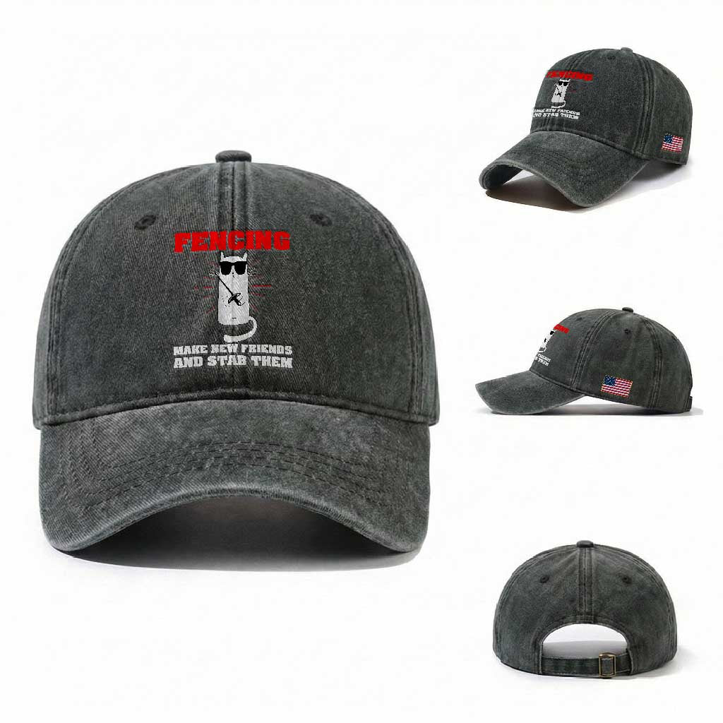 Funny Cat Fencing Washed Cotton Baseball Cap Make Me New Friends And Stab Them TS14 Washed Cap Universal Fit Dark Green Print Your Wear
