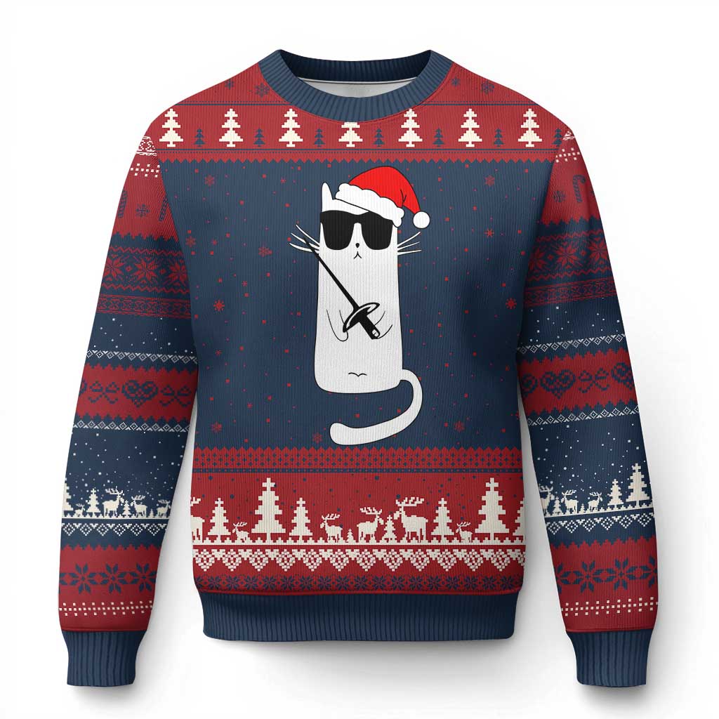 Funny Cat Fencing Xmas Ugly Christmas Sweater Cute Kitty Lover TS14 Navy Red Print Your Wear