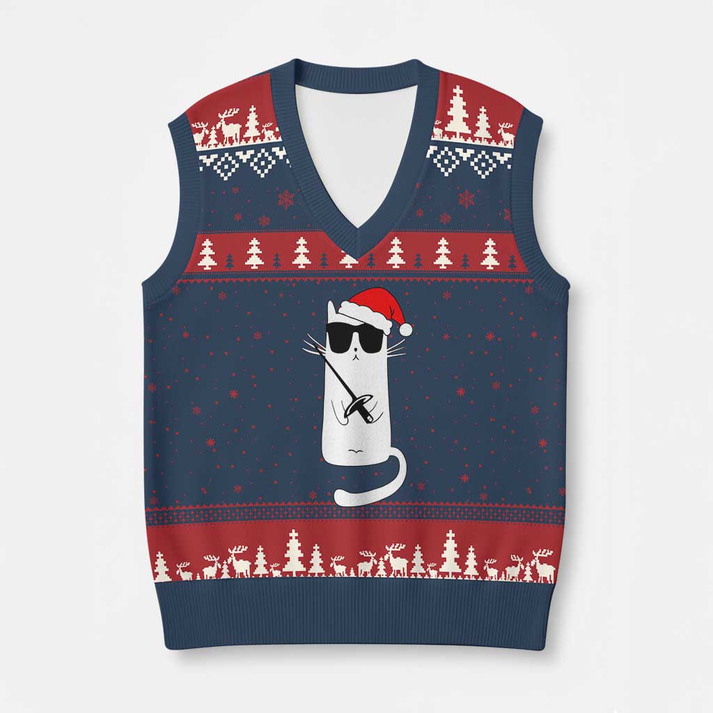 Funny Cat Fencing Xmas V-Neck Knit Sweater Vest Cute Kitty Lover TS14 Navy Red Print Your Wear