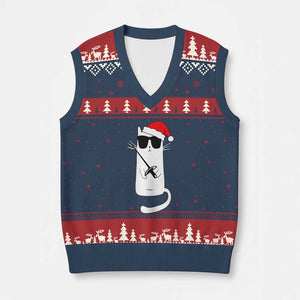 Funny Cat Fencing Xmas V-Neck Knit Sweater Vest Cute Kitty Lover TS14 Navy Red Print Your Wear