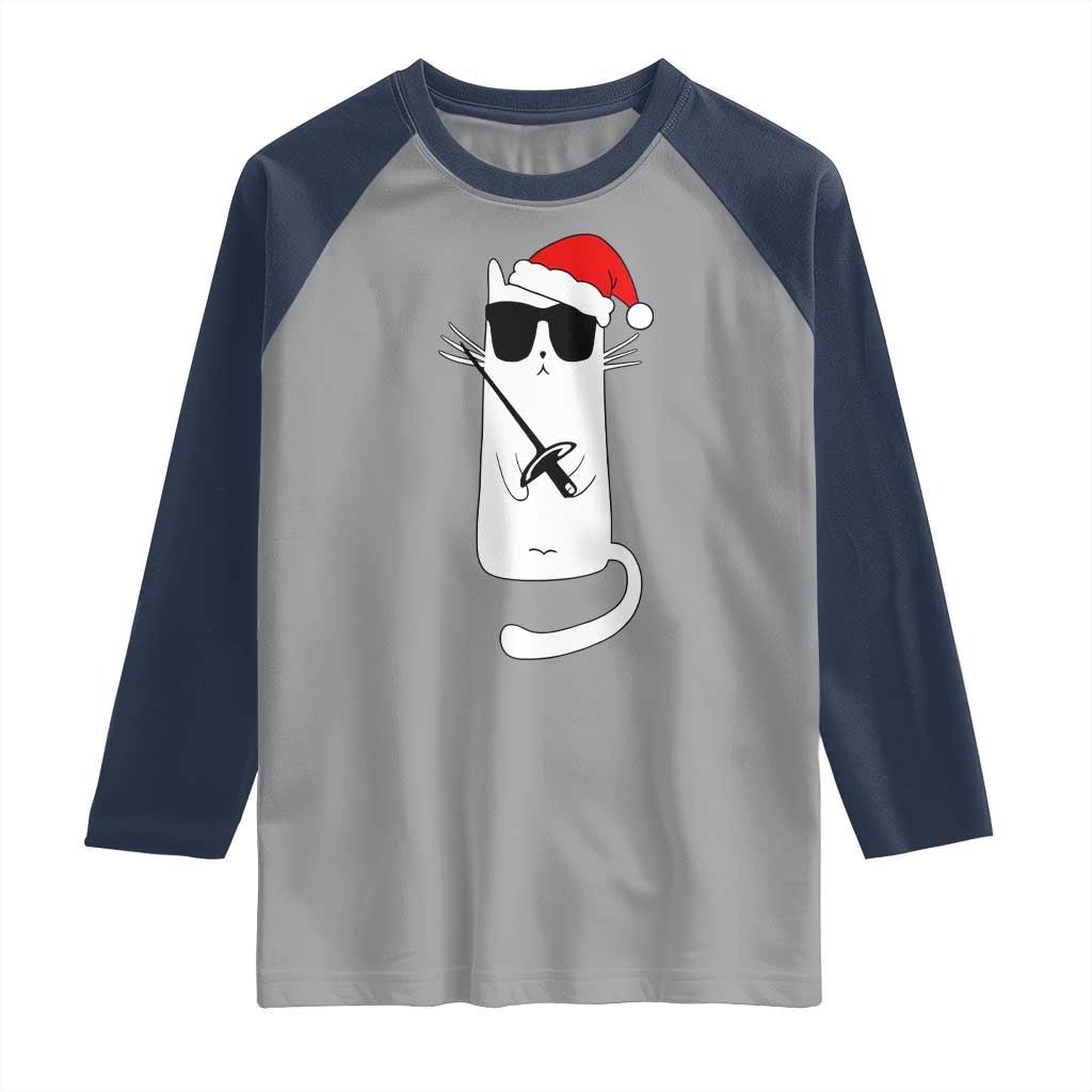 Funny Cat Fencing Christmas Raglan Shirt Cute Kitty Lover TS14 Sport Gray Navy Print Your Wear