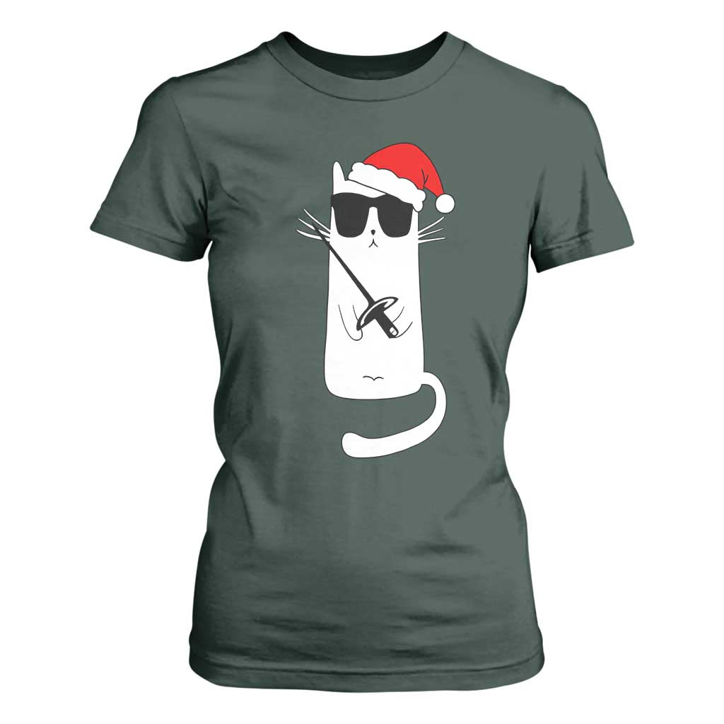 Funny Cat Fencing Christmas T Shirt For Women Cute Kitty Lover TS14 Dark Forest Green Print Your Wear