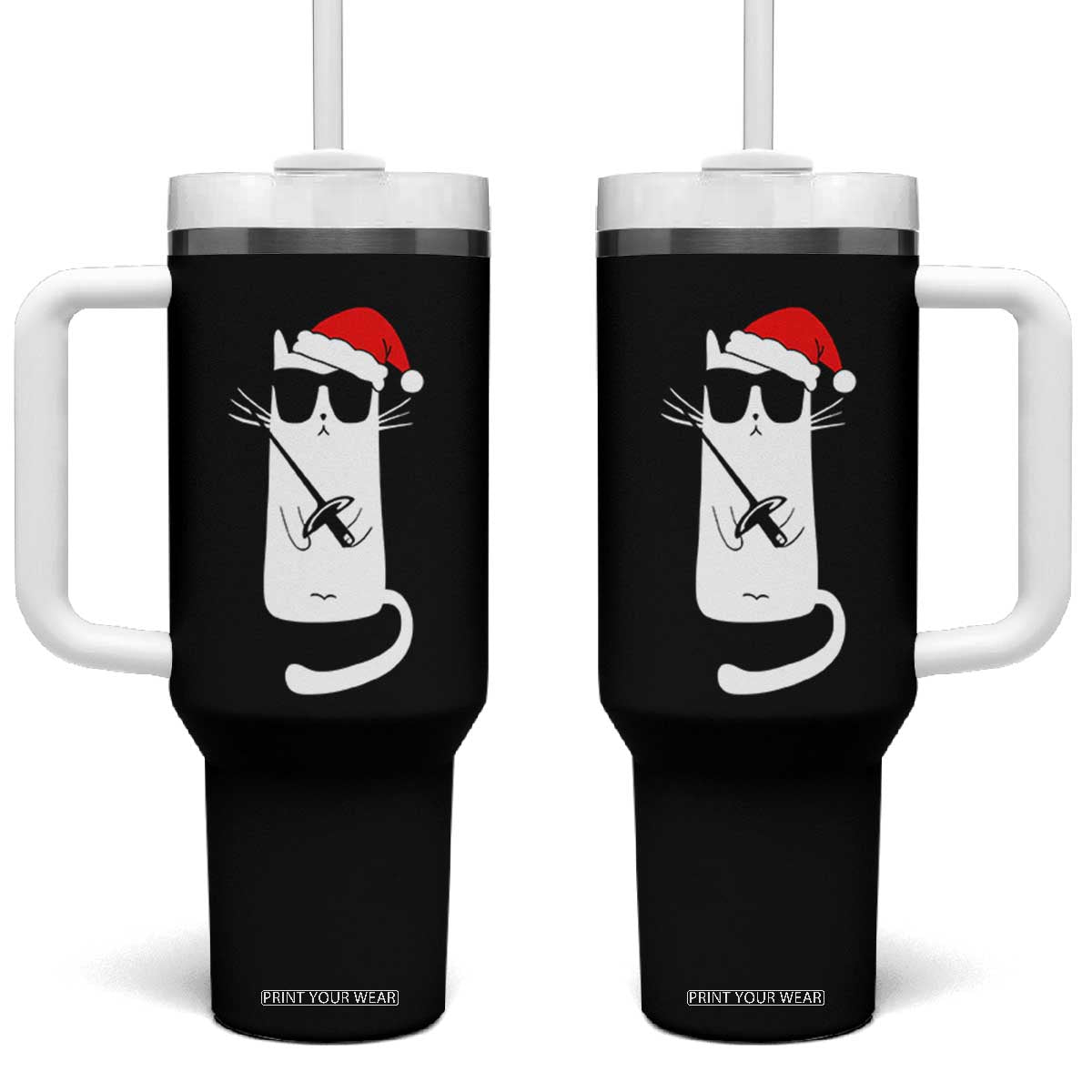 Funny Cat Fencing Christmas Tumbler With Handle Cute Kitty Lover TS14 One Size: 40 oz Black Print Your Wear