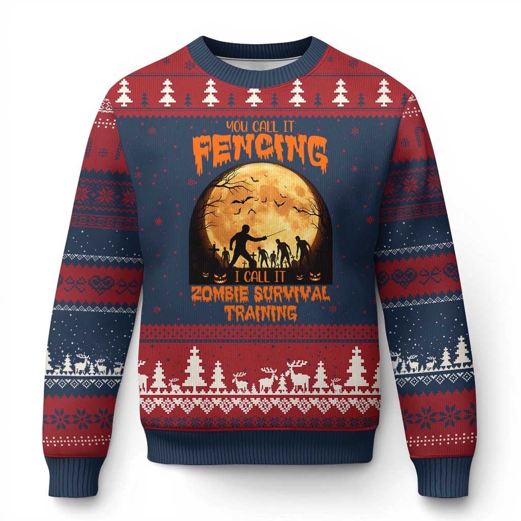 Funny Fencing Halloween Ugly Christmas Sweater You Call It Fencing Zombie Survival TS14 Navy Red Print Your Wear