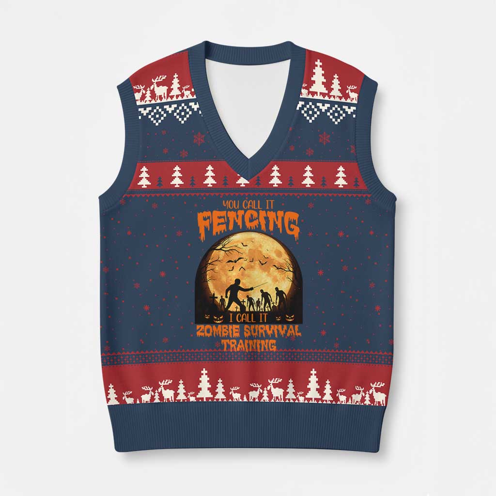 Funny Fencing Halloween V-Neck Knit Sweater Vest You Call It Fencing Zombie Survival TS14 Navy Red Print Your Wear