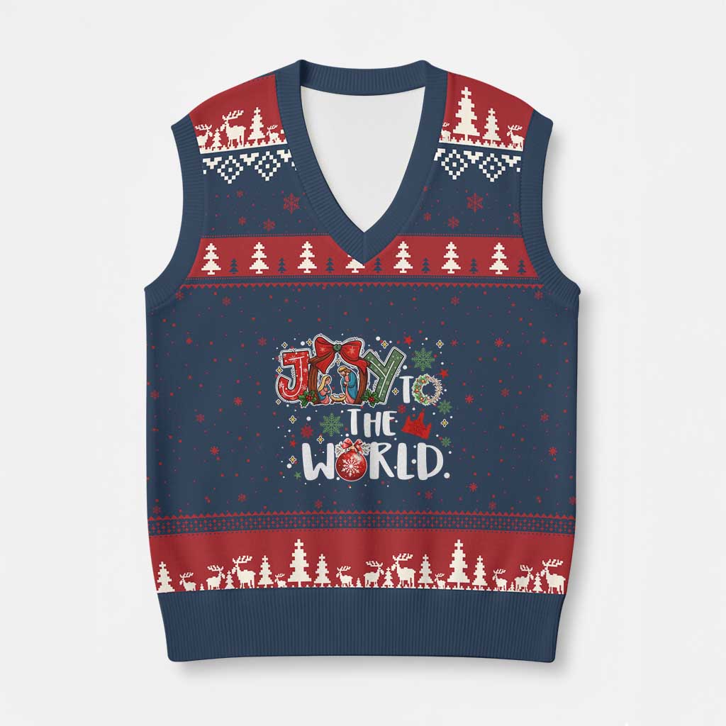 Nativity Scene Xmas V-Neck Knit Sweater Vest Joy To The World TS14 Navy Red Print Your Wear
