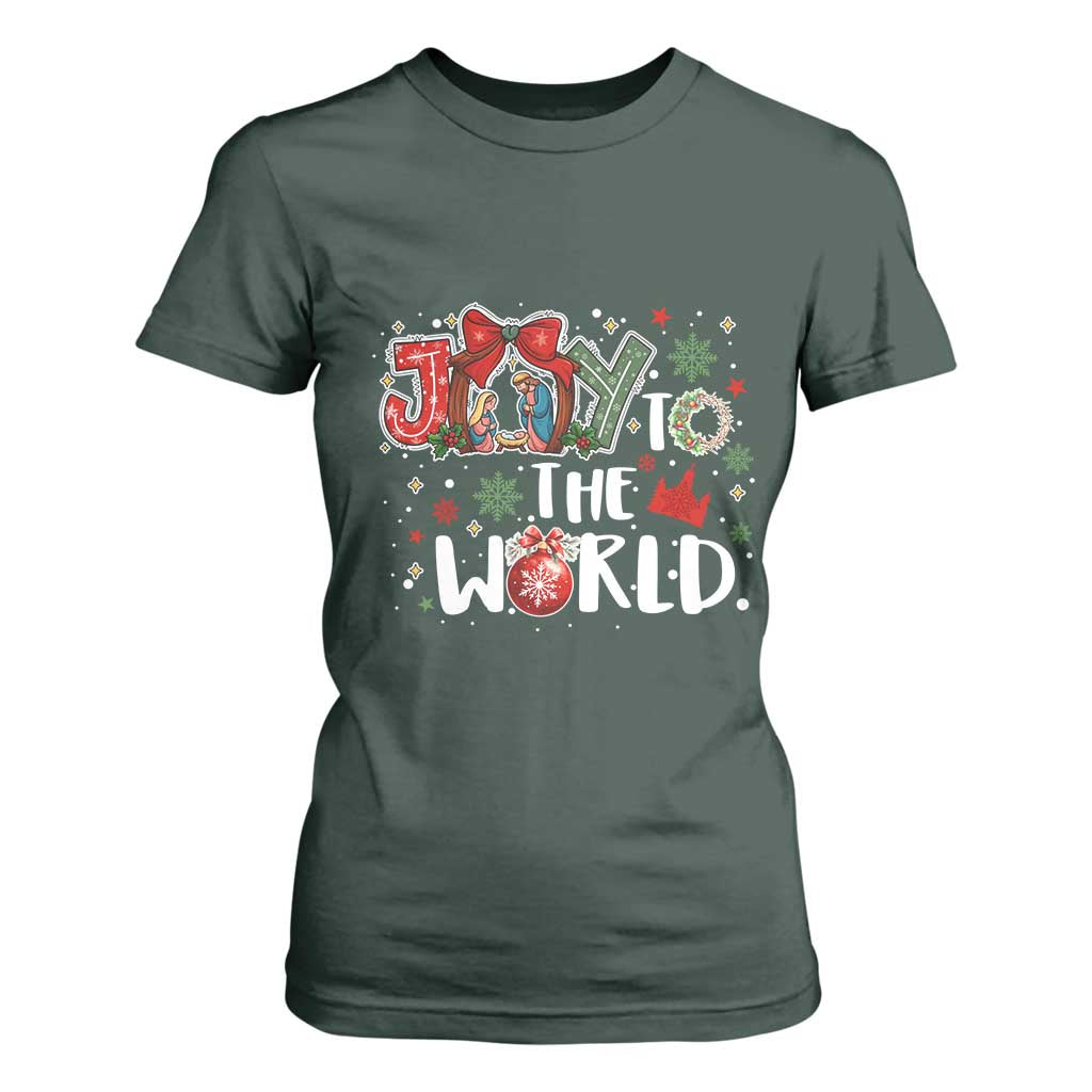 Nativity Scene Christmas T Shirt For Women Joy To The World TS14 Dark Forest Green Print Your Wear