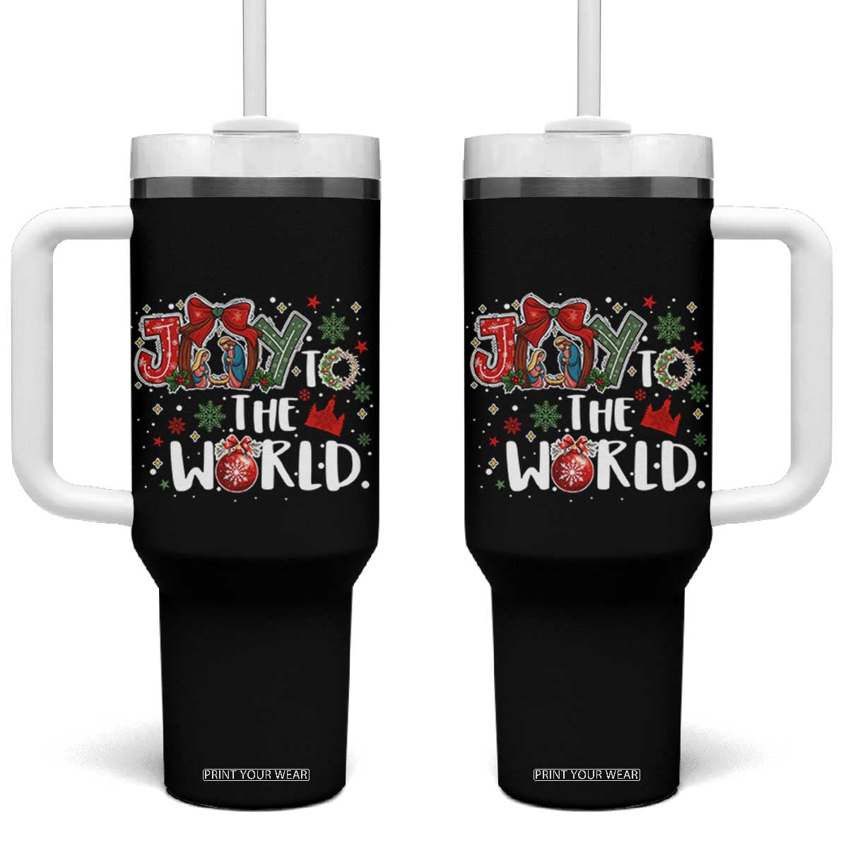 Nativity Scene Christmas Tumbler With Handle Joy To The World TS14 One Size: 40 oz Black Print Your Wear